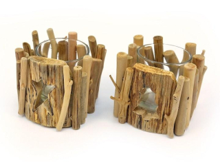 Dřevěný svícen se sklem - 11 cm 